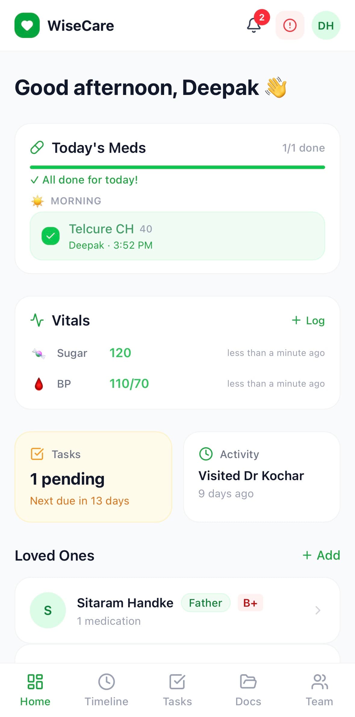WiseCare dashboard showing Today's Meds with Telcure CH marked as done by Deepak