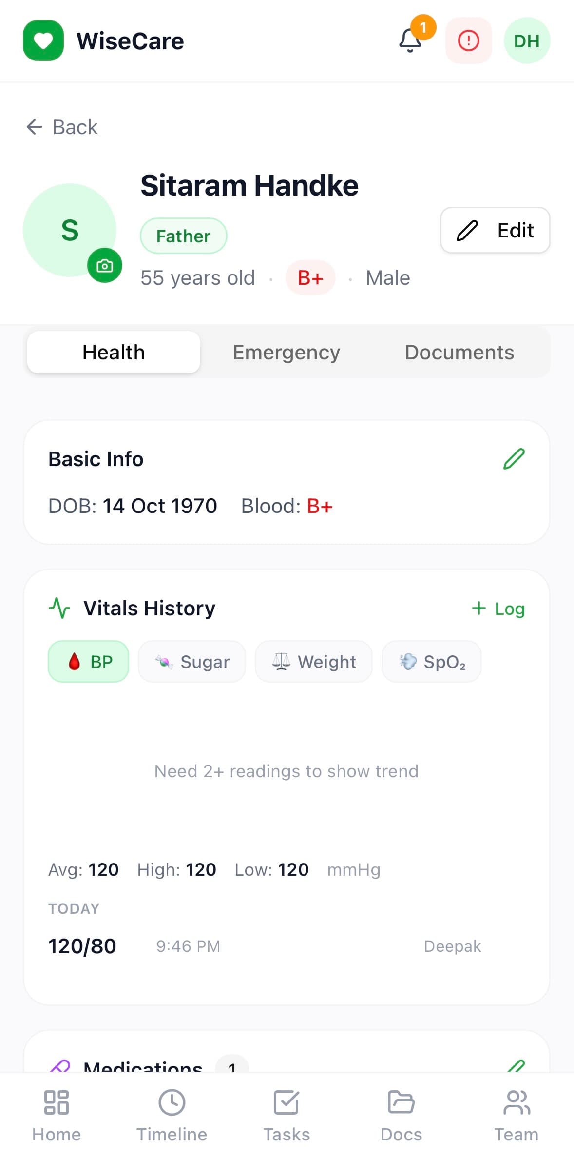 WiseCare health profile showing vitals history, basic info, and medications list