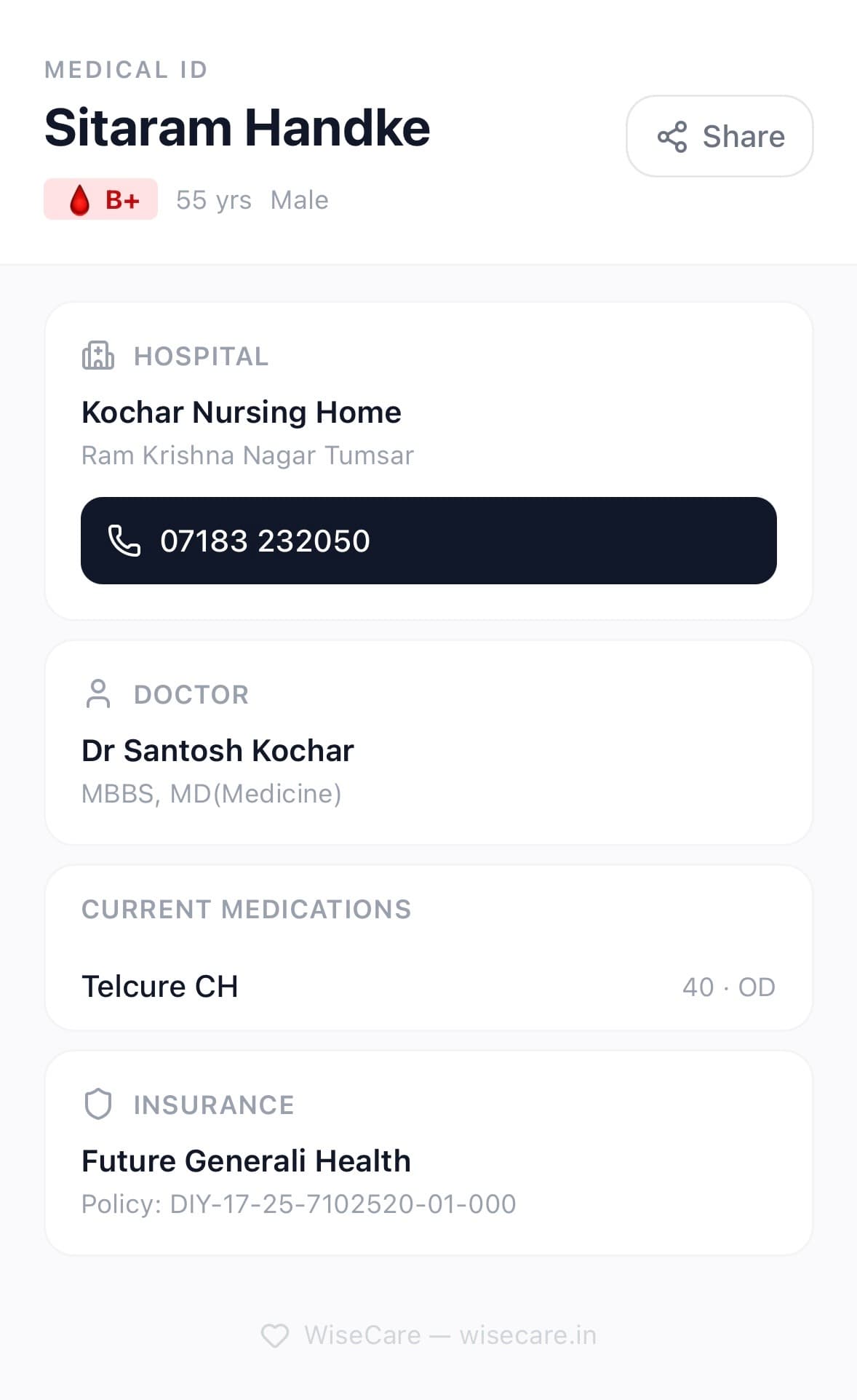 WiseCare Medical ID card showing blood group, hospital, doctor, medications, and insurance