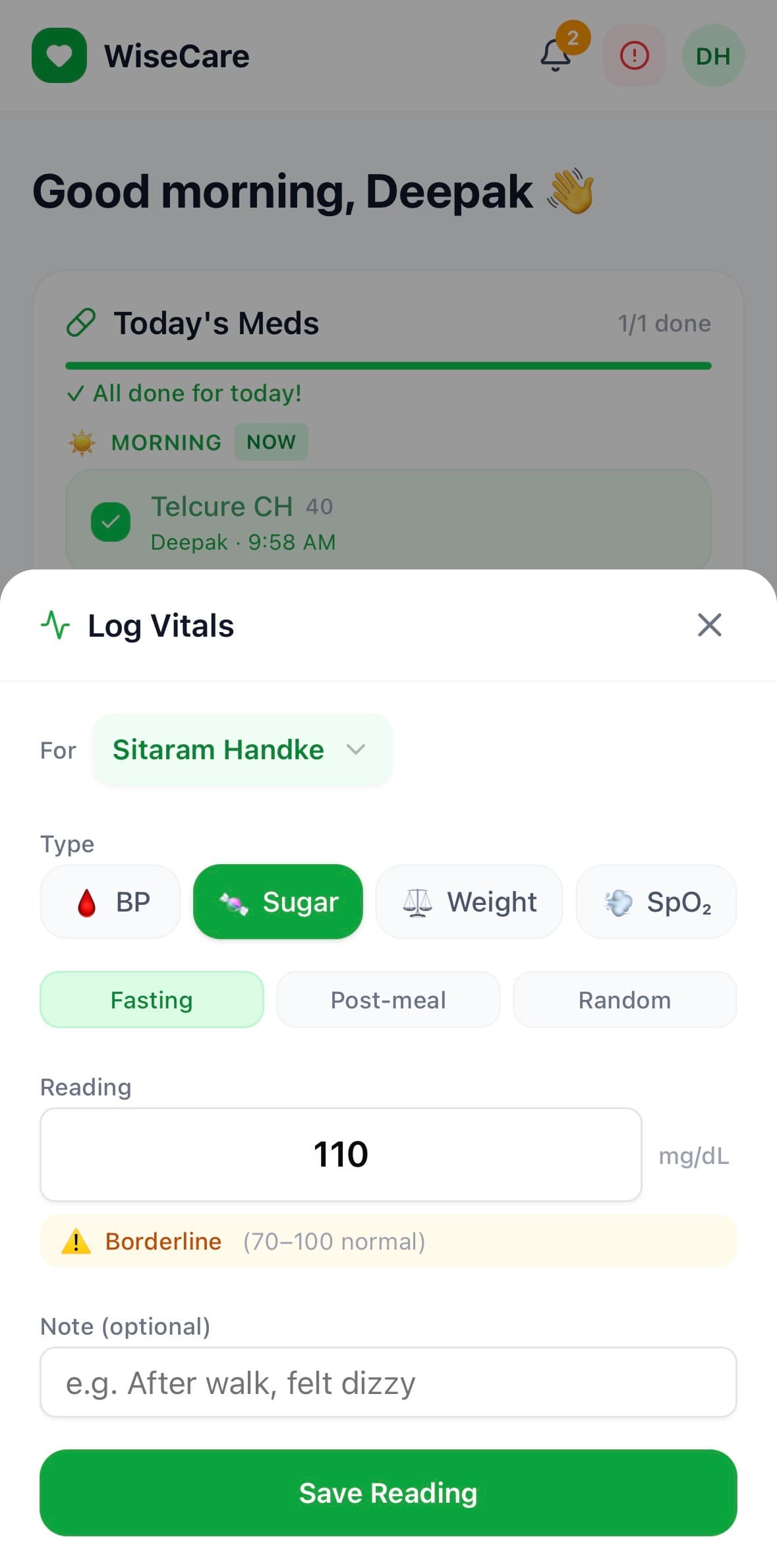 WiseCare Log Vitals screen showing blood sugar entry at 110 mg/dL with BP, Weight, and SpO2 options